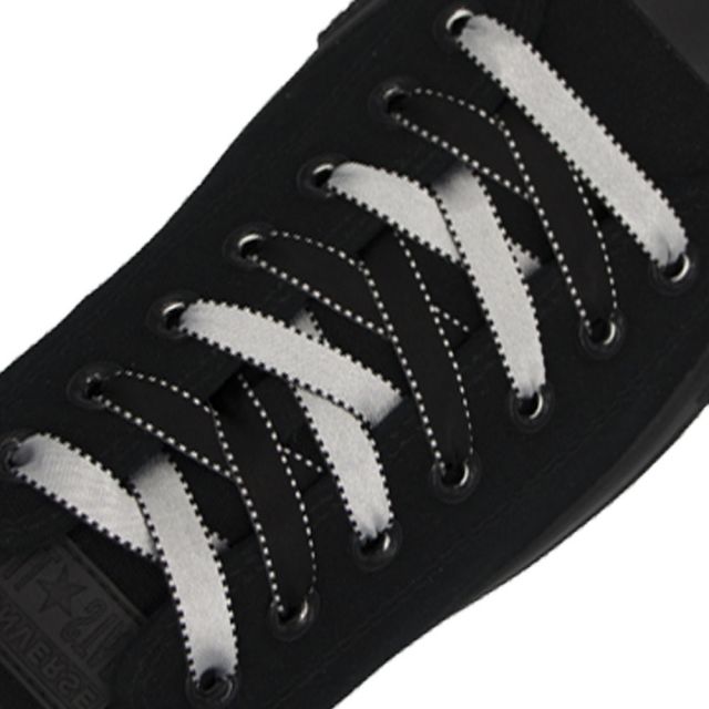 Satin Ribbon Shoelaces Two Tone Flat Black Silver - 100cm Length - 1cm Width