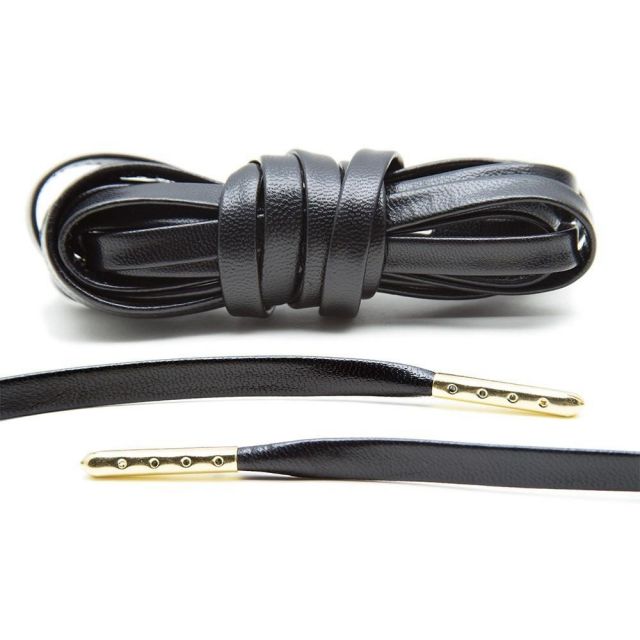 Leather Shoelaces - Black with Gold Aglets 120 cm Flat