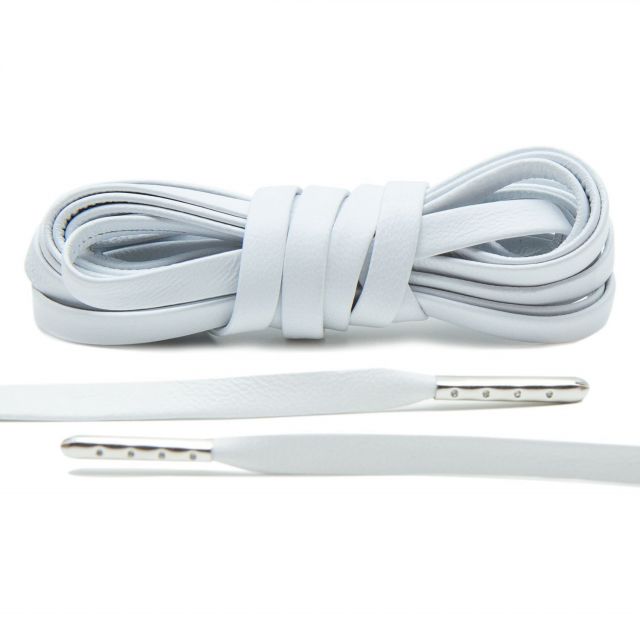 Leather Shoelaces - White with Silver Aglets 120 cm Flat