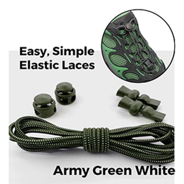 Smart Lock Elastic Shoelaces Army Green White Stripes