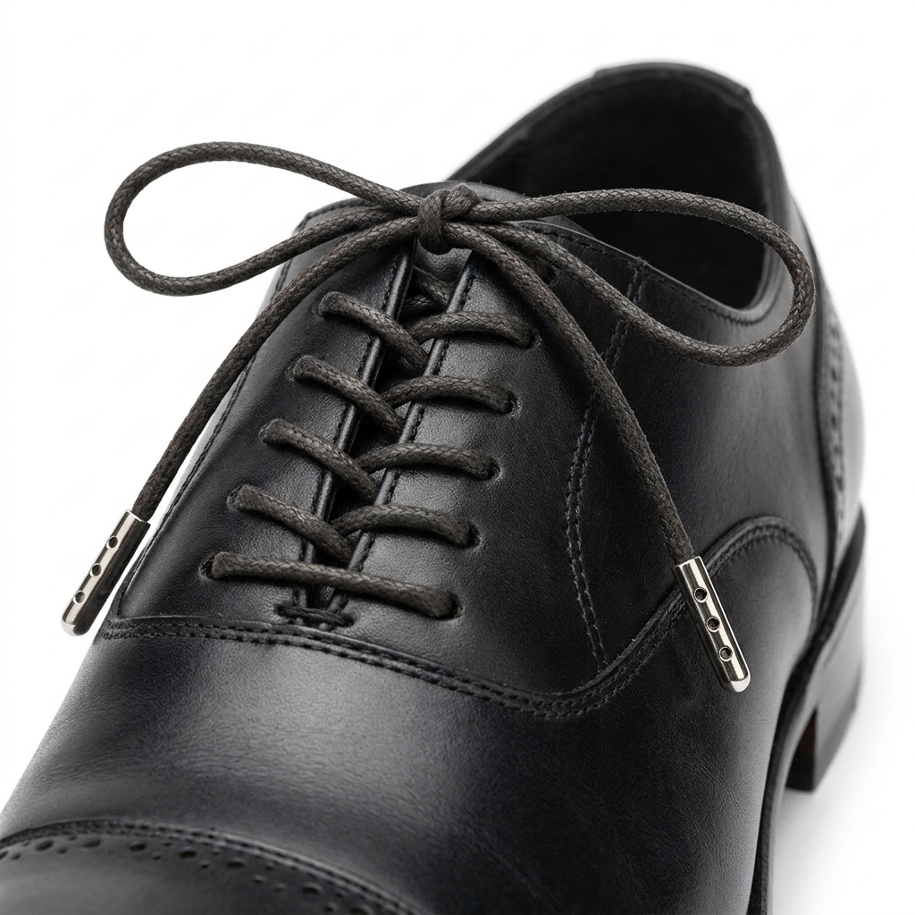 Hero shot of a leather Oxford dress shoe fully laced with a 3mm round waxed dress shoelace, tied in a neat bow on white.