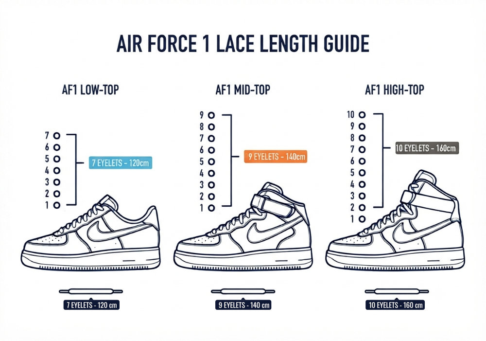 Infographic chart comparing Air Force 1 Low, Mid, and High lace lengths by eyelet count