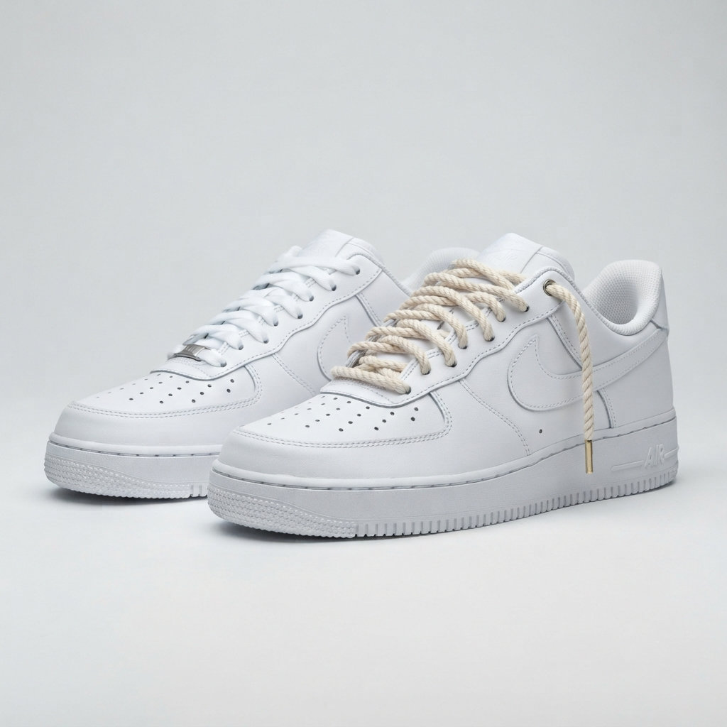 Before and after styling comparison of Nike Air Force 1 Low sneakers showing standard factory lacing versus loose cream rope laces.